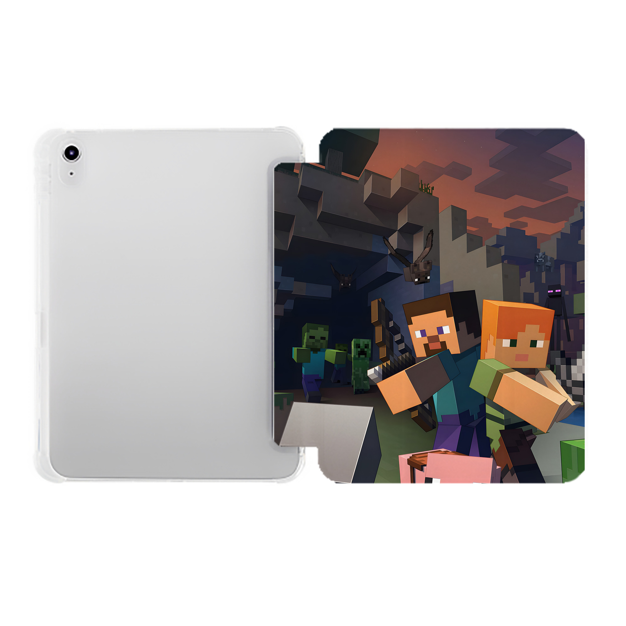 （画像用） マインクラフト ブロックの世界 Minecraft MC Block world IPad ケース ペン収納付き 三つ折りスタンド PUレザー×シリコン 対応機種9.5/10.5/10.9インチ
